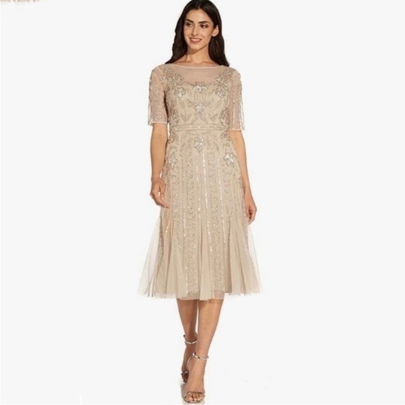 Adrianna Papell Illusion Beaded Mesh Boat Neck Short Sleeve Dress in Biscotti - Picture 2 of 9